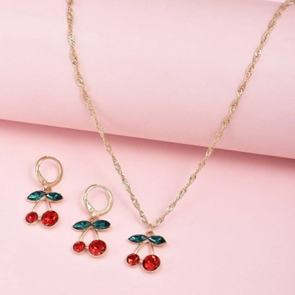 Gold Colored Red Cherries Earrings & Necklace Set